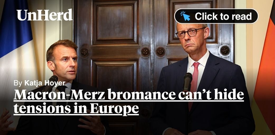 hoyer_kat's tweet card. “Bienvenue à Berlin,” said a smiling Friedrich Merz as he greeted Emmanuel Macron last night in the German capital. A firm handshake and a hearty hug followed, with the German Chancellor and the...