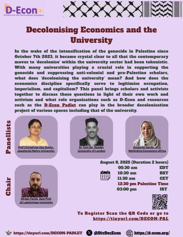 DivDecEcon's tweet card. Decolonising Economics and the University In the wake of the intensification of the genocide in Palestine since October 7th 2023, it became crystal clear to all that the contemporary moves to ̵…