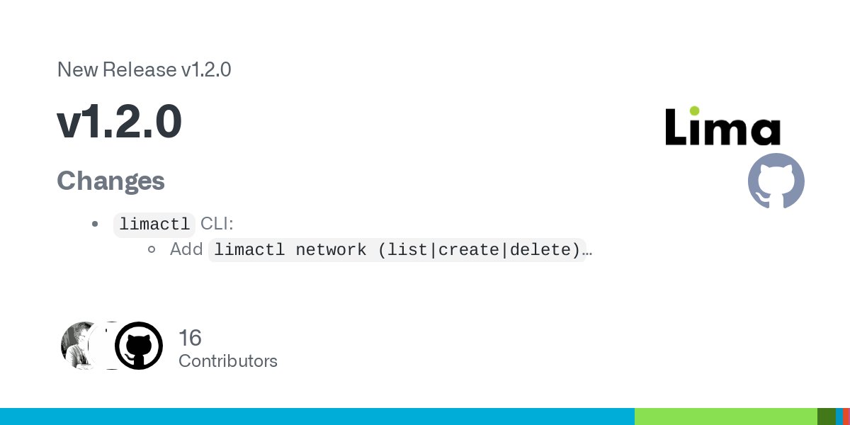 _AkihiroSuda_'s tweet card. Changes limactl CLI: Add limactl network (list|create|delete) commands (#3677) Add limactl clone OLDINST NEWINST command. Not to be confused with limactl copy, which copies files. (#3673) Add lim...