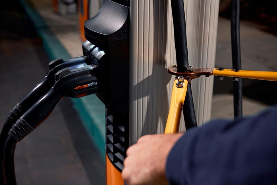 ChargePointnet's tweet card. New cables at public ChargePoint EV charging stations will be harder for vandals to cut and steal.