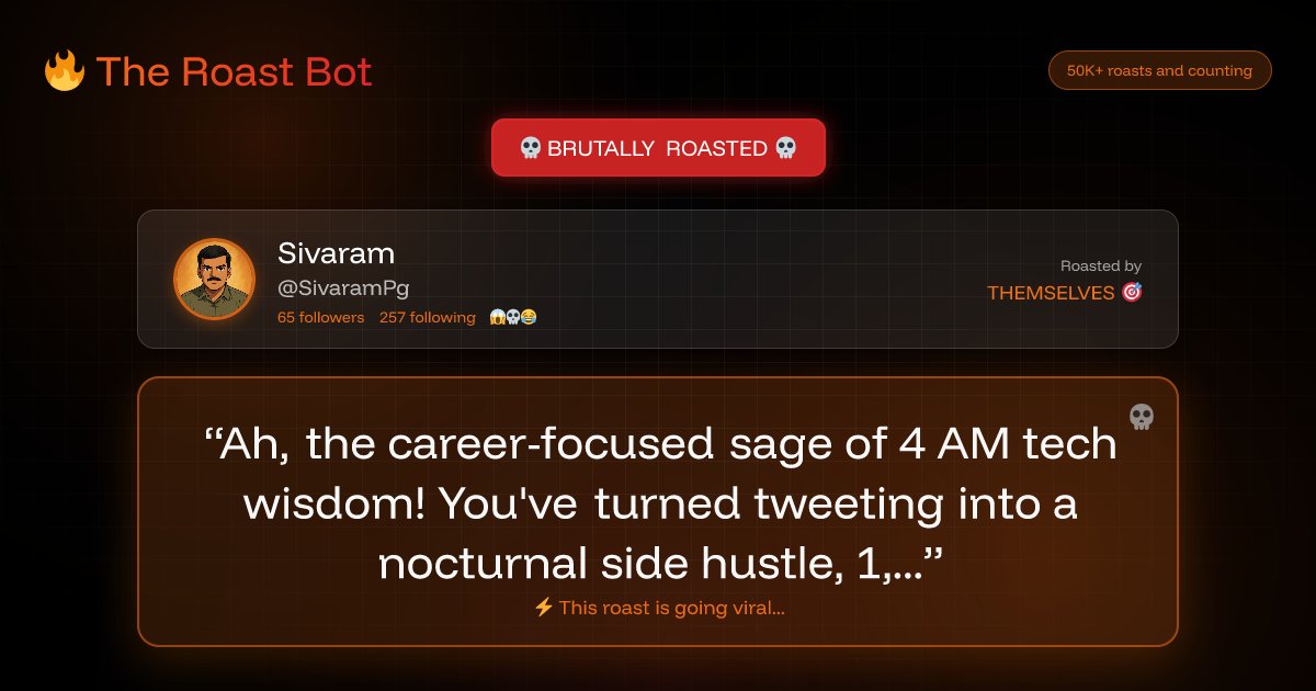 TheRoastBotApp's tweet card. "Ah, the career-focused sage of 4 AM tech wisdom! You've turned tweeting into a nocturnal side hustle, 1,225 messages in,..." Click to see the full savage roast!