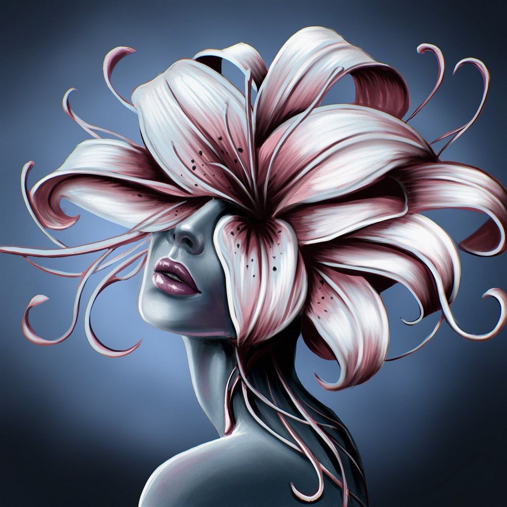 Viorika_art's tweet card. The woman is immersed in the bottomless silence of her own thoughts. The delicate lily petals, like eyelids of inner sight, have consciously closed her ey...