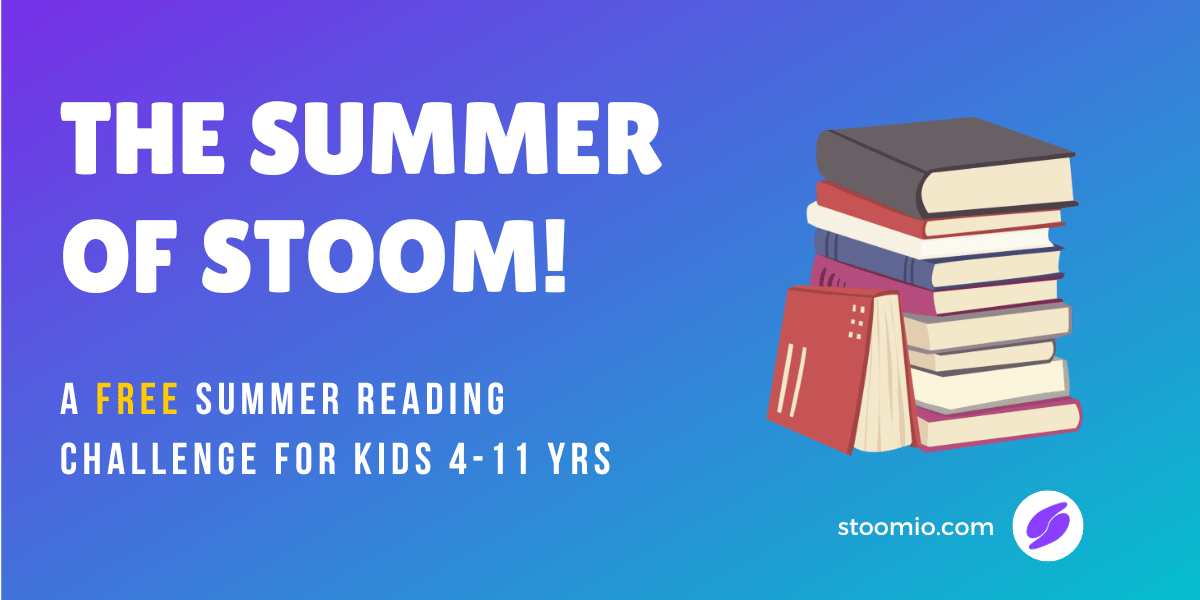 stoomio's tweet card. The Summer of Stoom is a fun, free, kids reading challenge aimed at kids 4-11 years old.