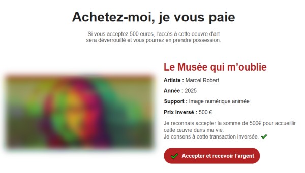 VilainCat's tweet card. Achetez-moi, je vous paie inverse les logiques classiques du marché de l’art. Le visiteur est invité à « acheter » une œuvre en acceptant de recevoir une somme d'argent. Ici, la transaction ne repose...