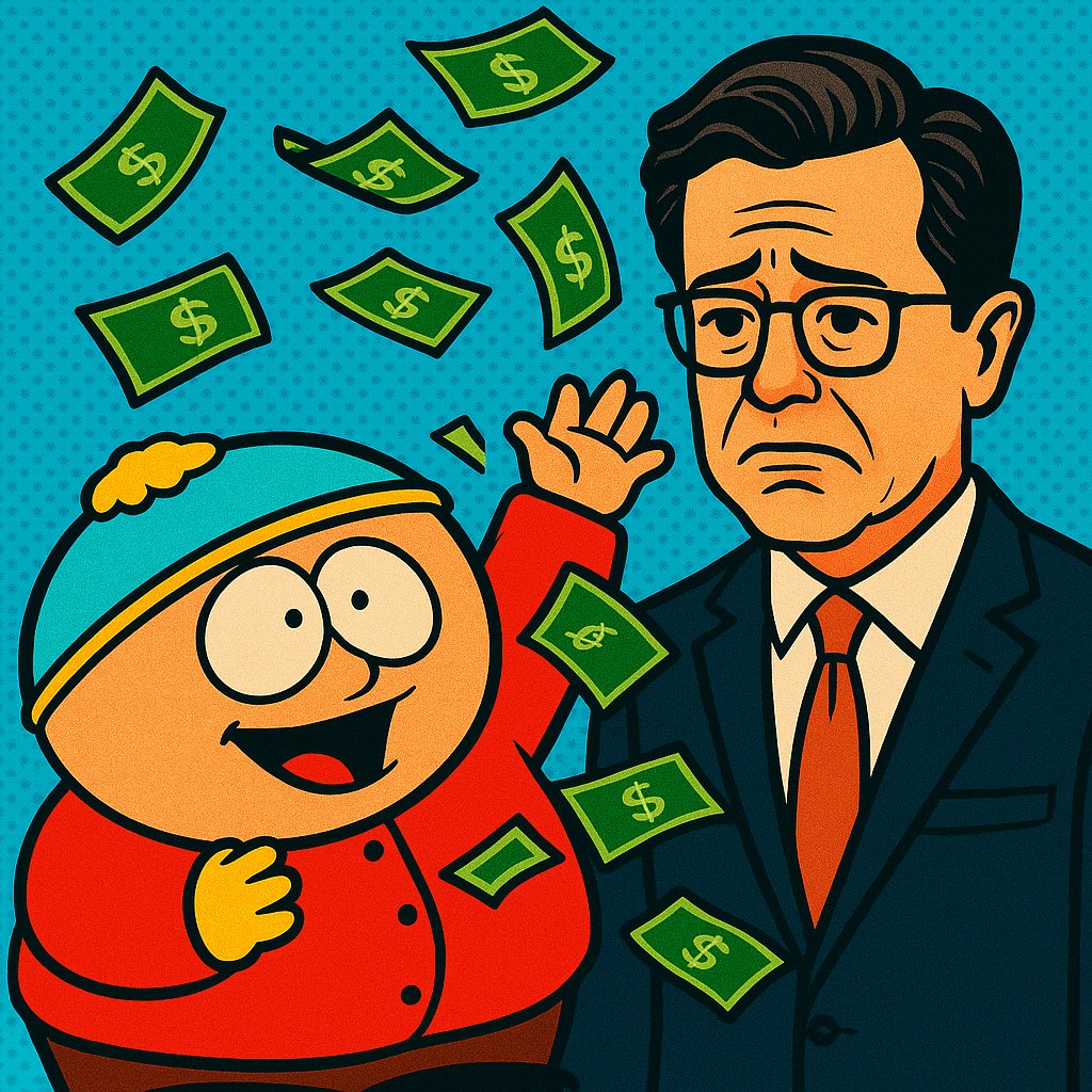 ThorntonMcEnery's tweet card. Colbert went scorched-earth and got the axe. Paramount is now betting $1.5 billion that the South Park guys will somehow behave.