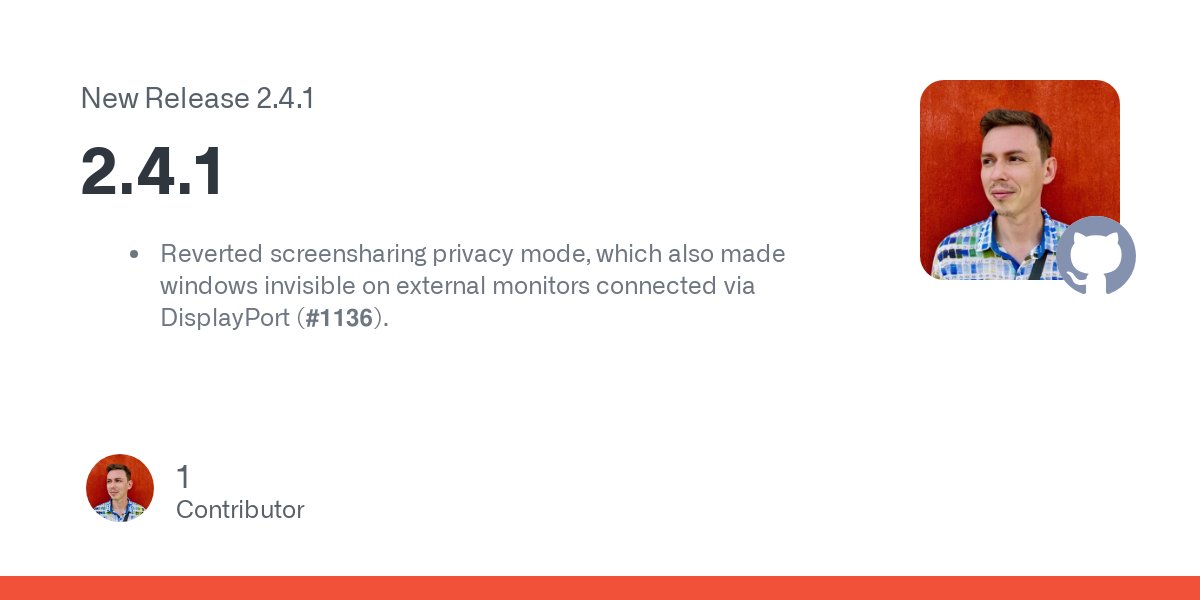 p0deje's tweet card. Reverted screensharing privacy mode, which also made windows invisible on external monitors connected via DisplayPort (#1136).