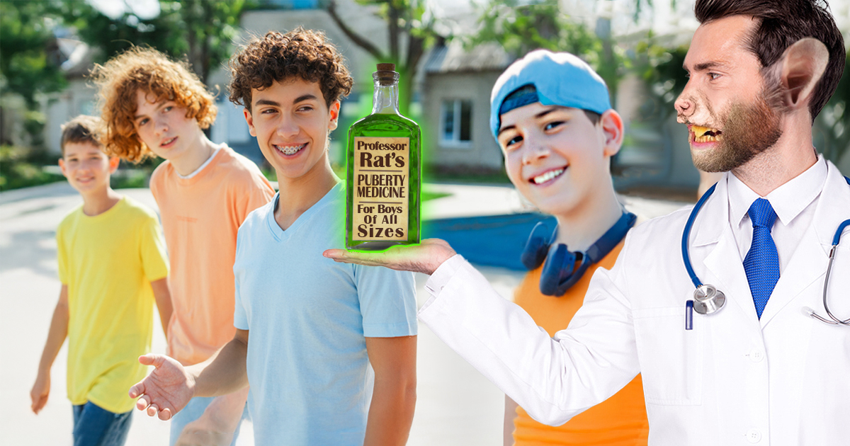 ClickHole's tweet card. Health Alert: Medical Researchers Have Discovered Professor Rat’s Puberty Medicine For Boys Of All...