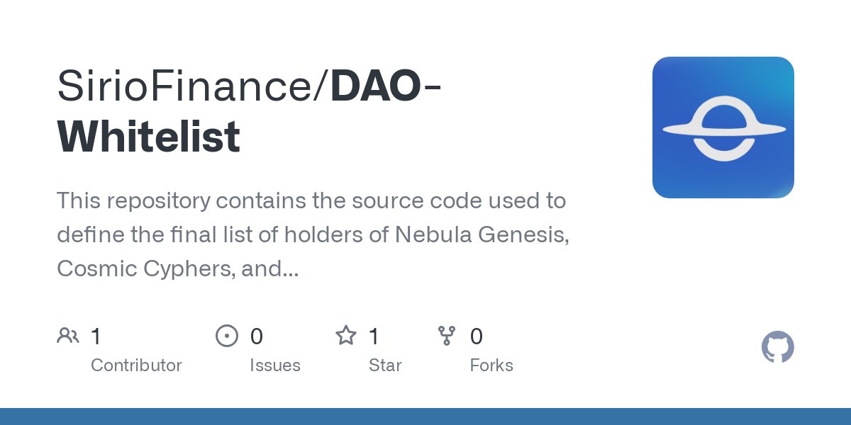 SirioFinance's tweet card. This repository contains the source code used to define the final list of holders of Nebula Genesis, Cosmic Cyphers, and users who supplied on Sirio Finance before the exploit. - SirioFinance/DAO-W...