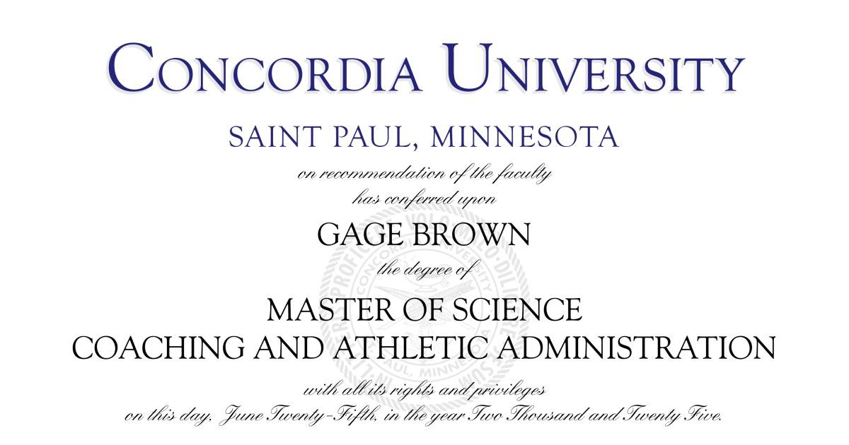 GageBrownCCA's tweet card. Concordia University St. Paul issues digital credentials with Parchment. Click to verify my Diploma and see more about my accomplishment.