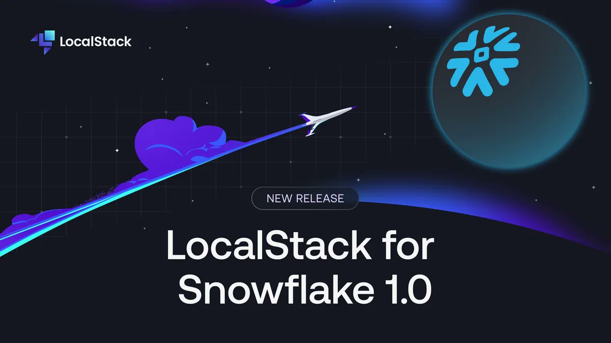 localstack's tweet card. We're excited to introduce LocalStack for Snowflake 1.0 packed with Polaris Catalog, Native Apps, Storage Integrations, Zero-Copy Cloning, Materialized Views, Row Access Policies, new SQL functions,...