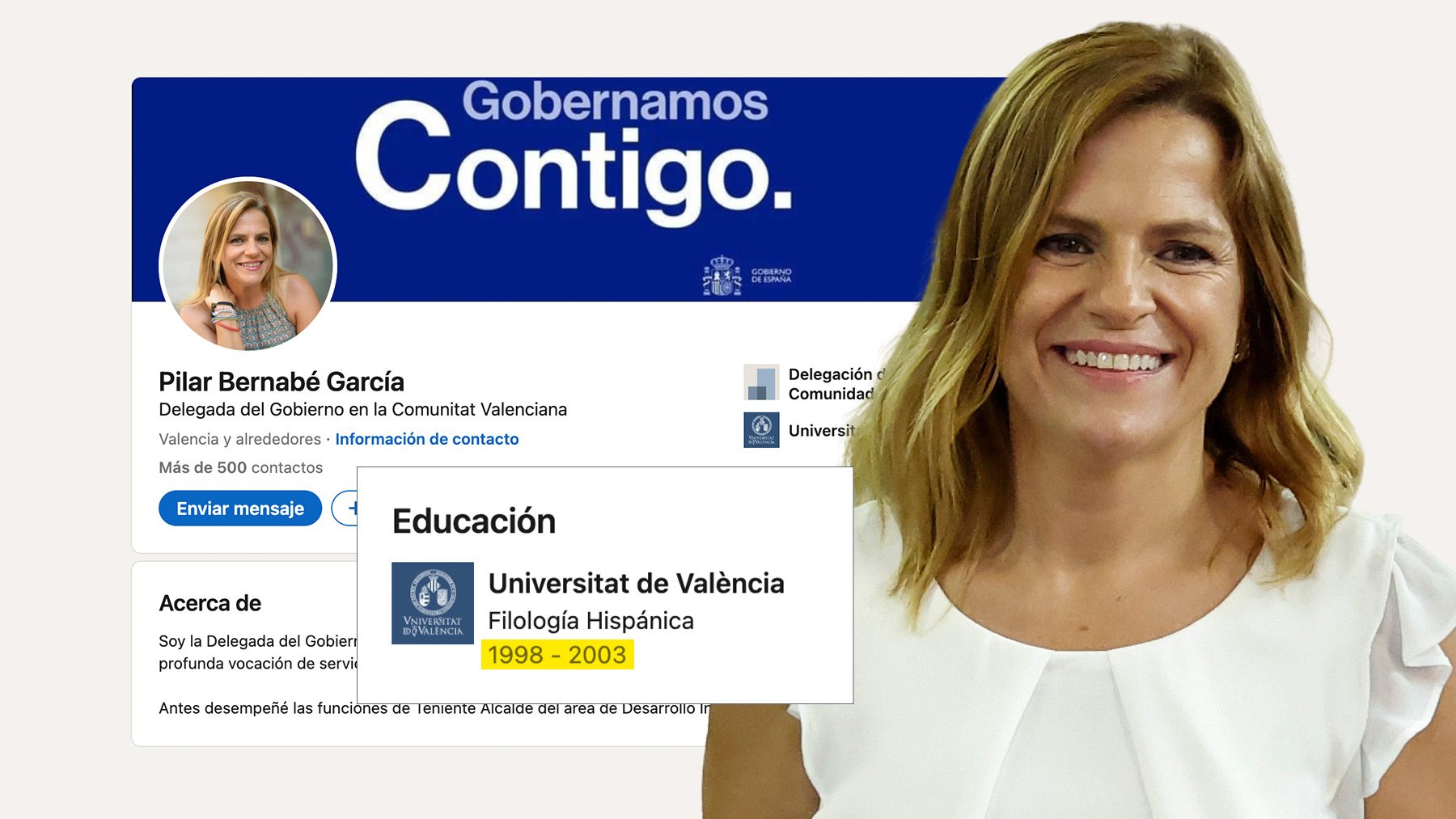 GuajeSalvaje's tweet card. Pilar Bernabé sigue acreditando una falsa licenciatura en Filología Hispánica y Comunicación Audiovisual en su red social de Linkedin.