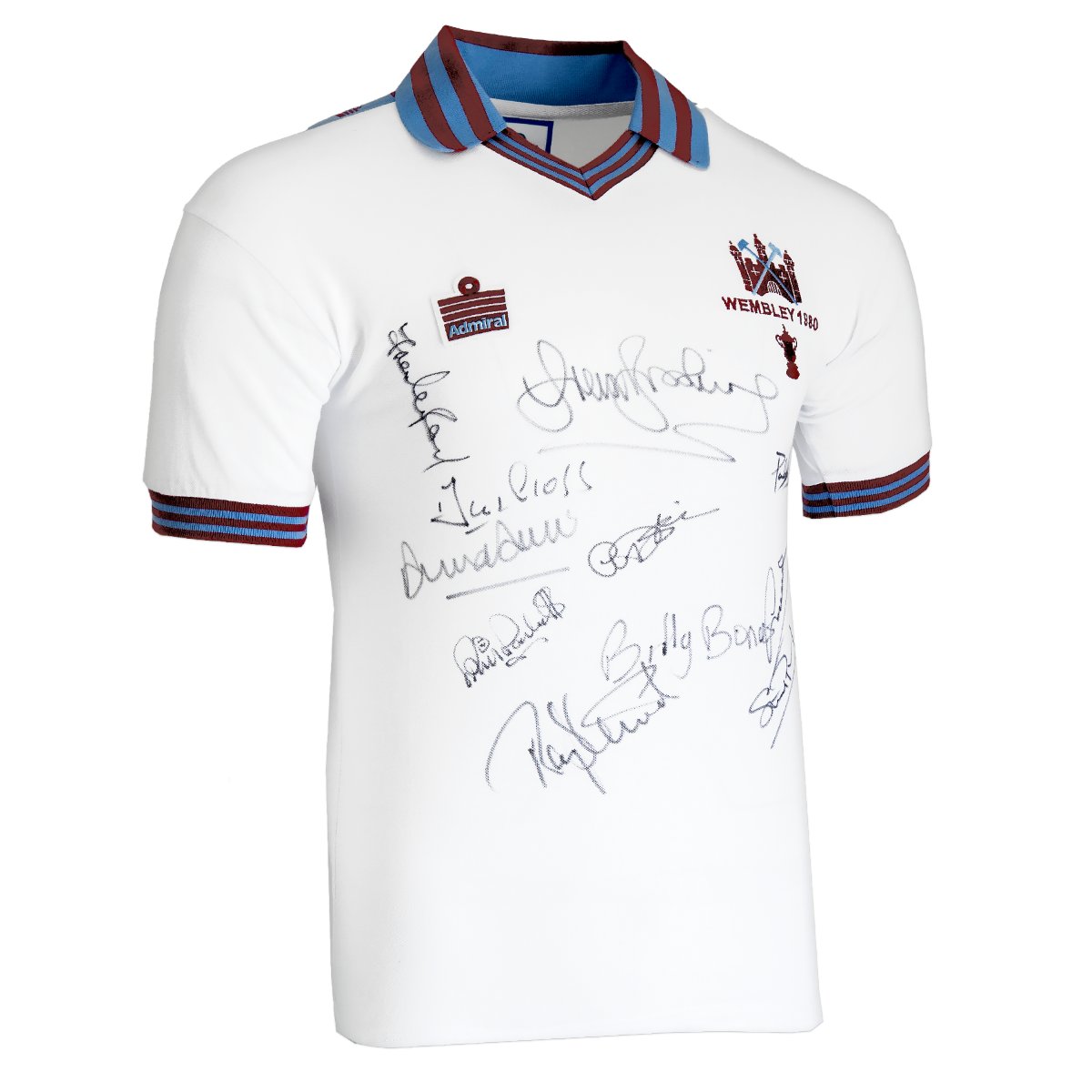 TheGeoffHurst's tweet card. Celebrate a pivotal moment in football history with the West Ham Team Signed Shirt from the 1980 FA Cup Final. This iconic memorabilia features autographs from the legendary squad including Sir Trevor