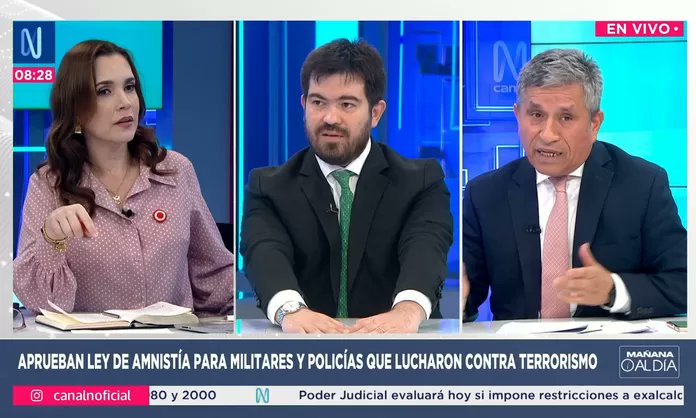 Ideele's tweet card. Ghersi y Rivera confrontaron posturas jurídicas sobre la ley de amnistía a militares y policías.