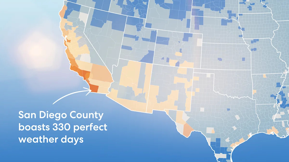 PRProSanDiego's tweet card. See which county has the most days in a year with mild temperature and minimal rain with our interactive map