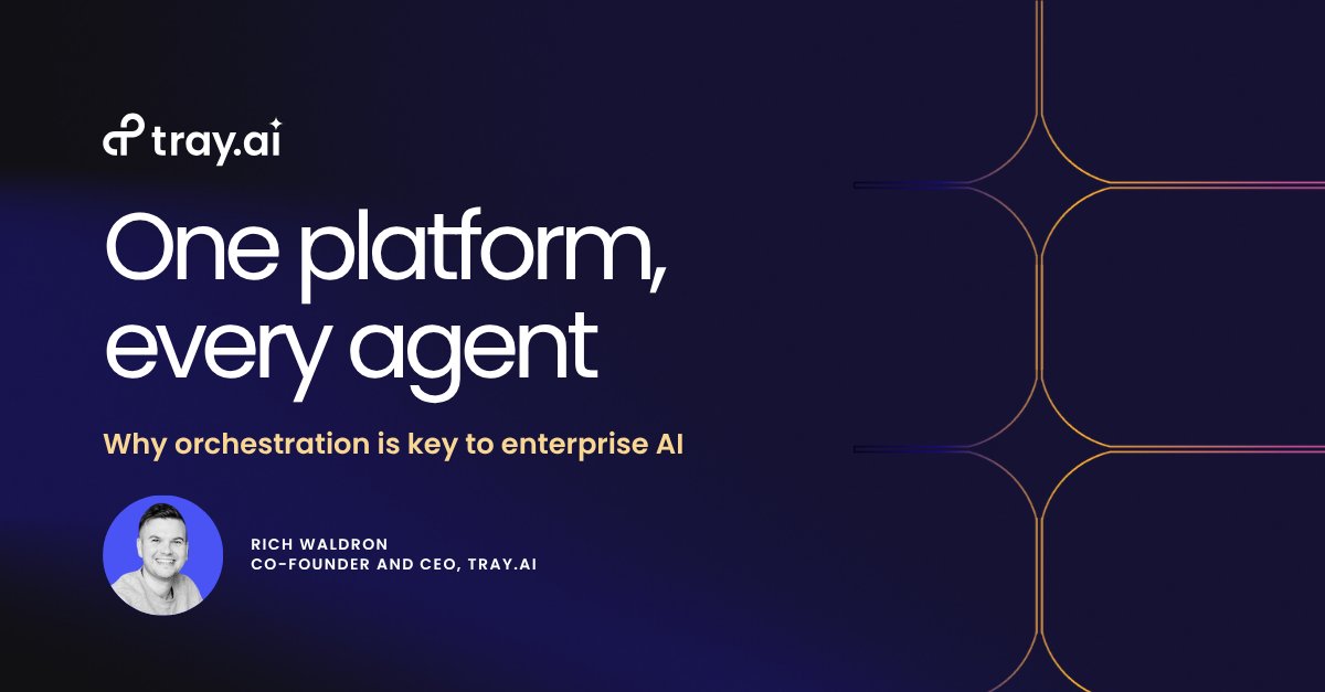 tray's tweet card. AI agents are everywhere, but without orchestration, they create chaos, not value. Learn why IT leaders are turning to unified platforms to govern, scale, and deliver agents across the enterprise.