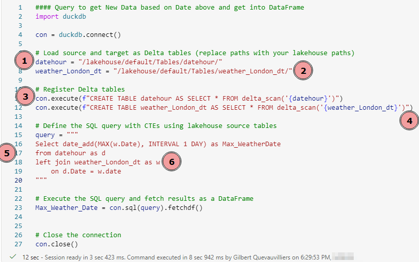 GilbertQue's tweet card. How to query multiple Lakehouse tables using a Python Notebook in Microsoft Fabric using DuckDB