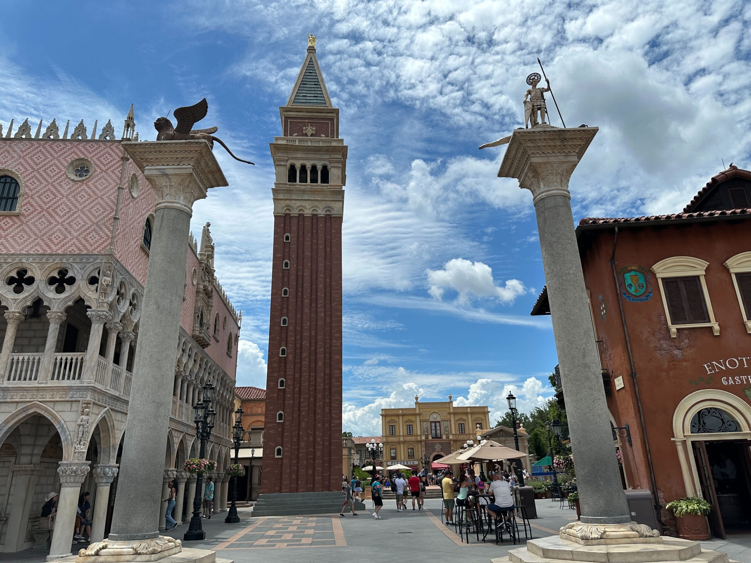 WDWNT's tweet card. The over five-month refurbishment of the Italy pavilion's tower at EPCOT is now complete and all signs of construction are gone.