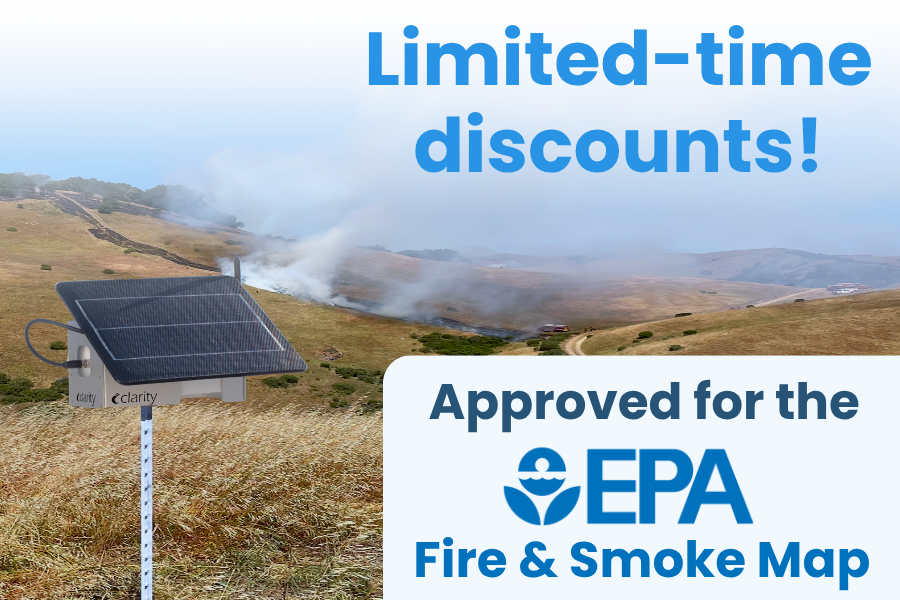 JoinClarity's tweet card. To celebrate our inclusion on the Fire & Smoke Map, we’re offering discounted pricing on Clarity’s wildfire air quality monitoring solutions. These bundles combine our core Node-S air quality monitor...