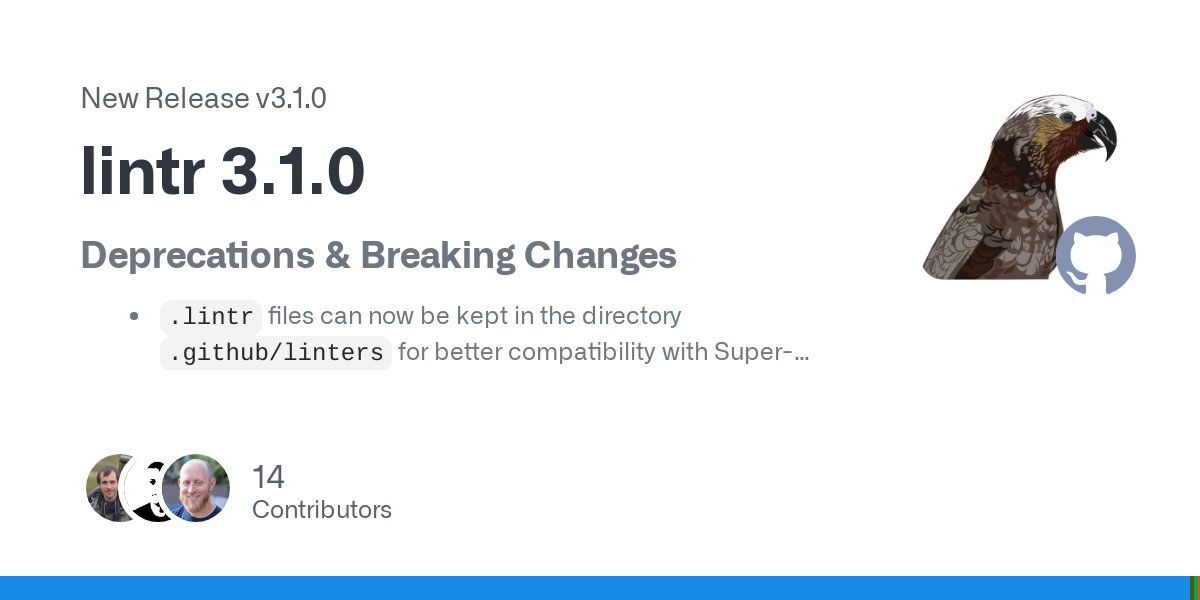 jimhester_'s tweet card. Deprecations & Breaking Changes .lintr files can now be kept in the directory .github/linters for better compatibility with Super-Linter. Note that this may be a breaking change if you already...
