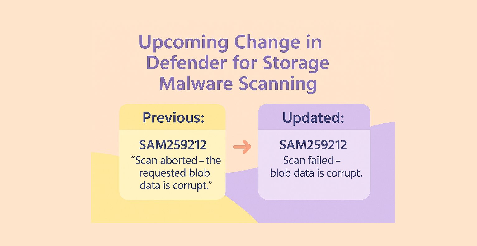 MSITTechNews's tweet card. Starting August 2025, Defender for Storage will update the format of error messages returned by malware scanning. The new messages will retain the SAM2592XX:...