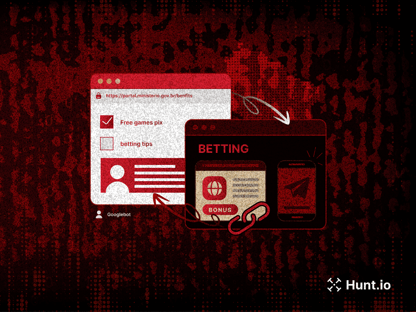 Huntio's tweet card. Over 630K hijacked gov.br subdomains were exploited in a black hat SEO campaign using cloaking, keyword stuffing, and redirect techniques. Learn more.