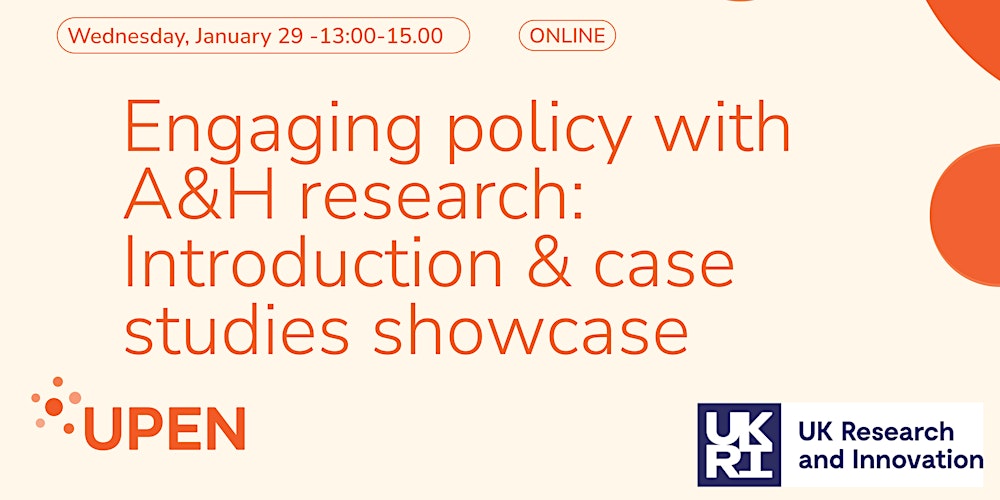 PolicyUpen's tweet card. In this session classicist Arlene Holmes-Henderson will explain routes into policy engagement for researchers in Arts and Hums disciplines.