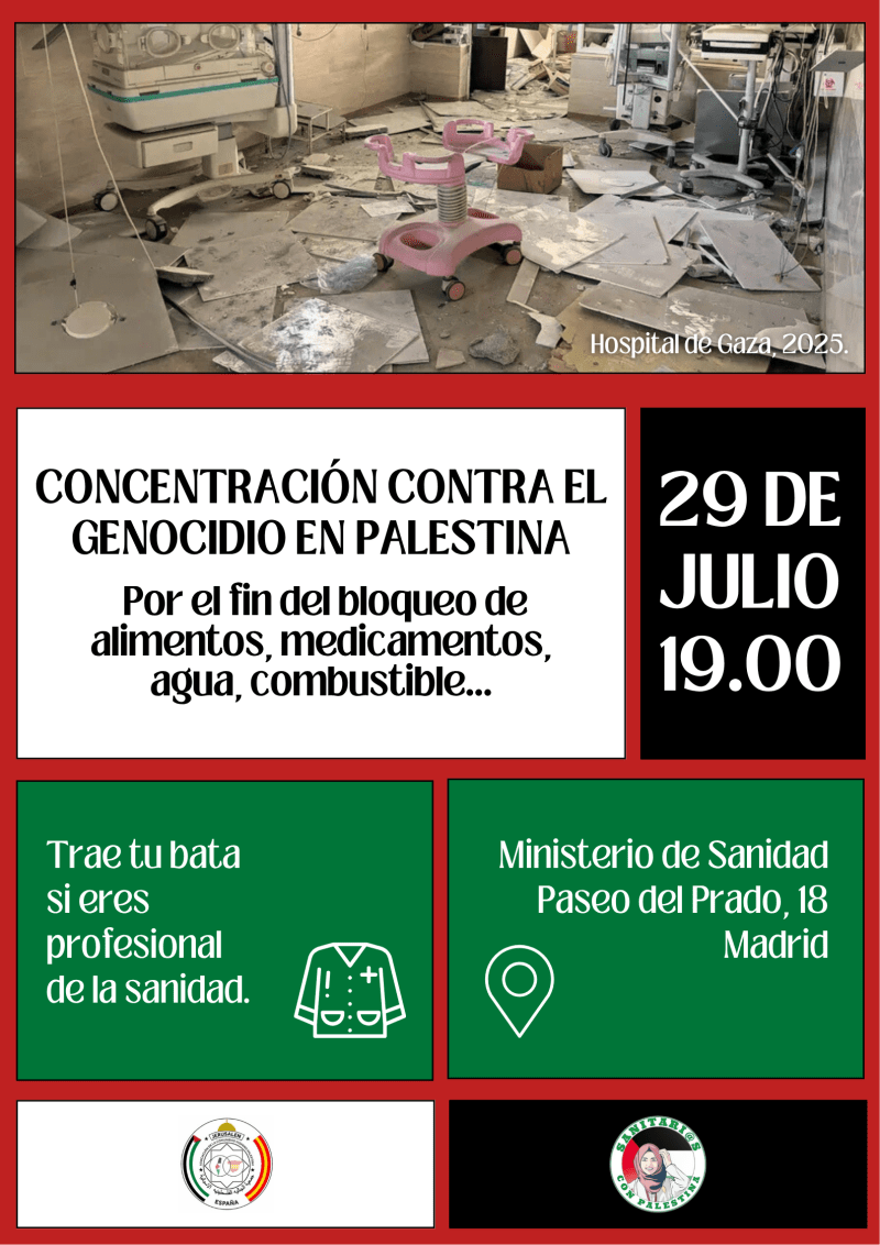 JuanGrvas's tweet card. Concentración contra el genocidio en Palestina, frente el Ministerio de Sanidad, en Madrid, Paseo del Prado, 18. Martes 29 de julio de 2025, a las 7 de l