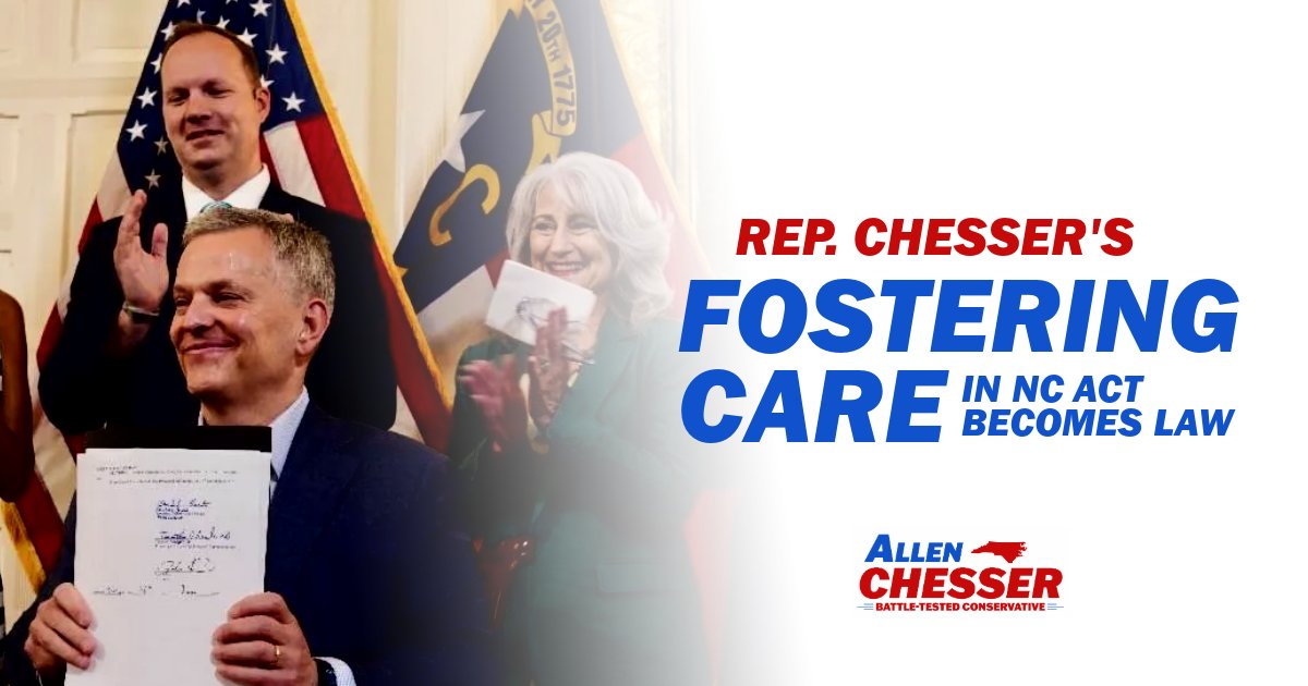 NCHouseGOP's tweet card. North Carolinians are celebrating Allen Chesser’s Fostering Care in NC milestone and supporting efforts to create a safer, stronger future for our children.