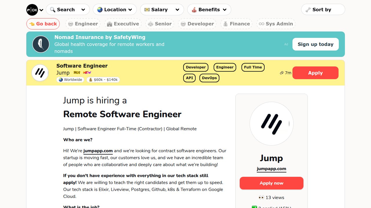 RemoteOK's tweet card. Jump is hiring a Remote Software Engineer (💰~$100k). Jump | Software Engineer Full-Time (Contractor) | Global RemoteWho are we?Hi! We’re jumpapp.com and we’re looking for contract software enginee...