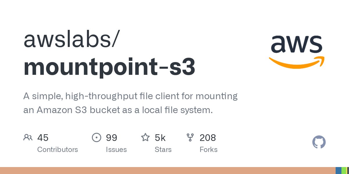 andywarfield's tweet card. A simple, high-throughput file client for mounting an Amazon S3 bucket as a local file system. - awslabs/mountpoint-s3