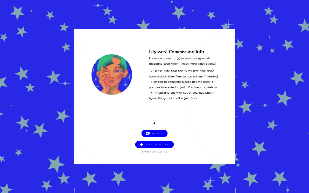 ulyyyysses's tweet card. Commission Info