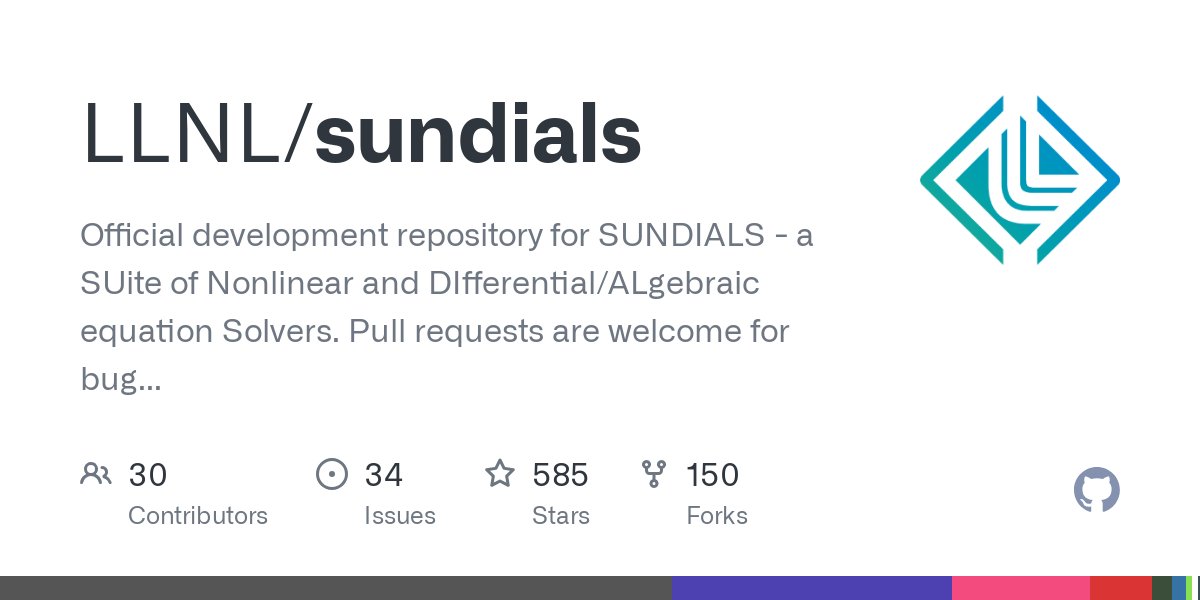 LLNL_OpenSource's tweet card. Official development repository for SUNDIALS - a SUite of Nonlinear and DIfferential/ALgebraic equation Solvers. Pull requests are welcome for bug fixes and minor changes. - LLNL/sundials