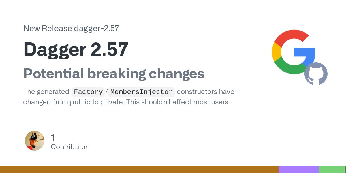 github_skydoves's tweet card. Potential breaking changes The generated Factory/MembersInjector constructors have changed from public to private. This shouldn’t affect most users since these classes are only meant to be called b...