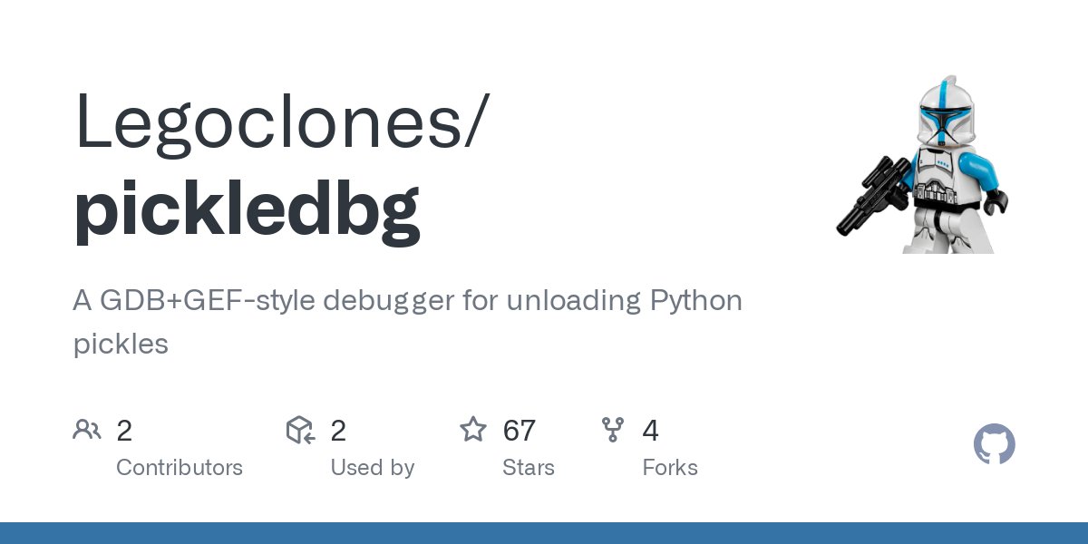 legoclones's tweet card. A GDB+GEF-style debugger for unloading Python pickles - Legoclones/pickledbg