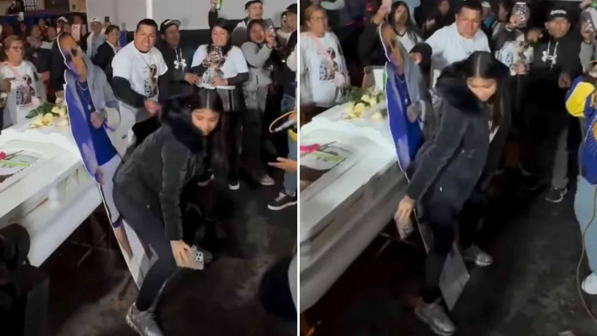 TheGangGreen34's tweet card. THIS is the unbelievable moment a widow twerks against a cardboard cutout of her dead husband – just next to his open casket. A reggaeton singer hired for the funeral provided the upbeat musi…