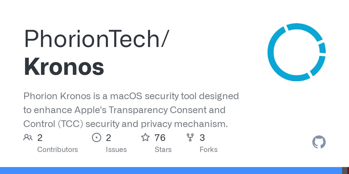 PhorionTech's tweet card. Phorion Kronos is a macOS security tool designed to enhance Apple's Transparency Consent and Control (TCC) security and privacy mechanism. - PhorionTech/Kronos