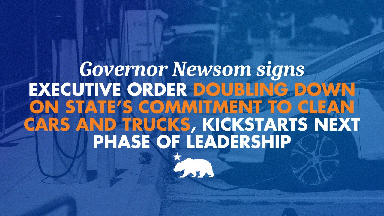 CleanairCA's tweet card. Governor Newsom signs executive order doubling down on state’s commitment to clean cars and trucks,...
