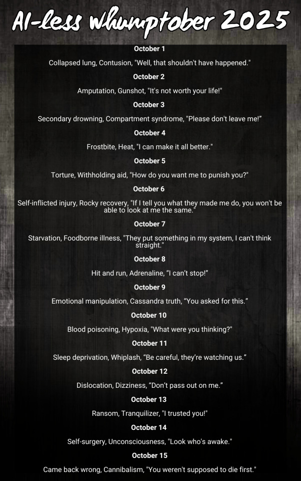 klytae_'s tweet card. 💬 5  🔁 114  ❤️ 205 · Prompts for AI-less Whumptober 2025 · It was tough to pick from all you guys' amazing suggestions, but we managed to end up with a lovely list of prompts to work with, AND not…