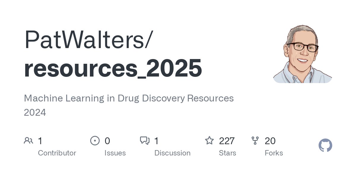 wpwalters's tweet card. Machine Learning in Drug Discovery Resources 2024. Contribute to PatWalters/resources_2025 development by creating an account on GitHub.