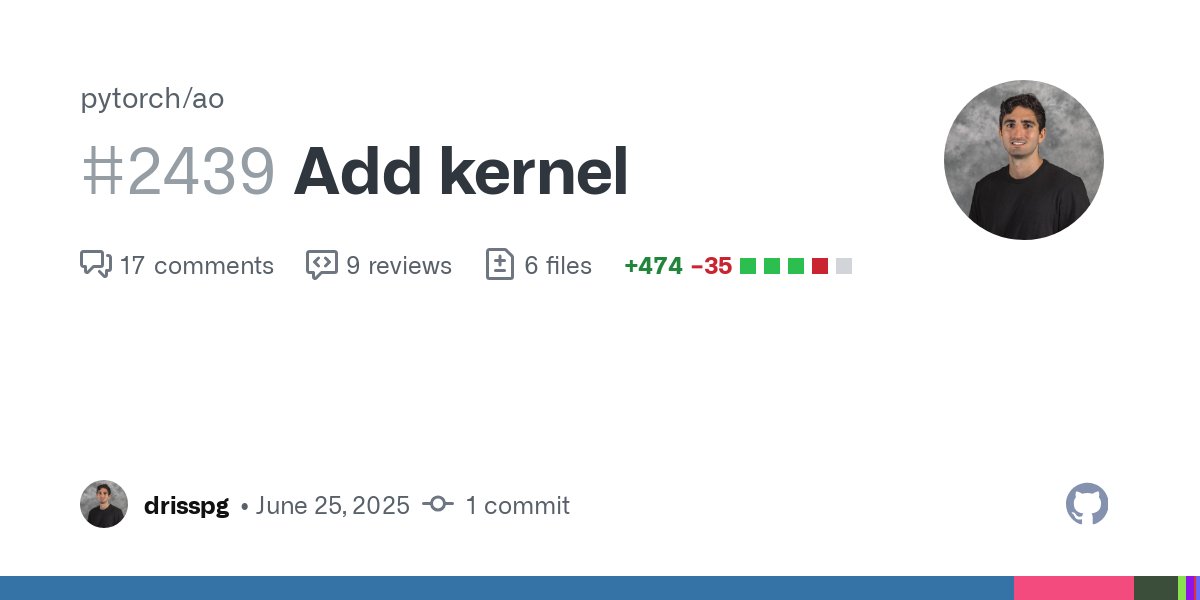drisspg's tweet card. Stacked PRs: ->Add kernel #2439 Add Kernel w/ this we get 3.7 real world speed up for llama 70b MLP 1024 tokes -> not user per-tensor scaling path With kernel https://fburl.com/0g0...