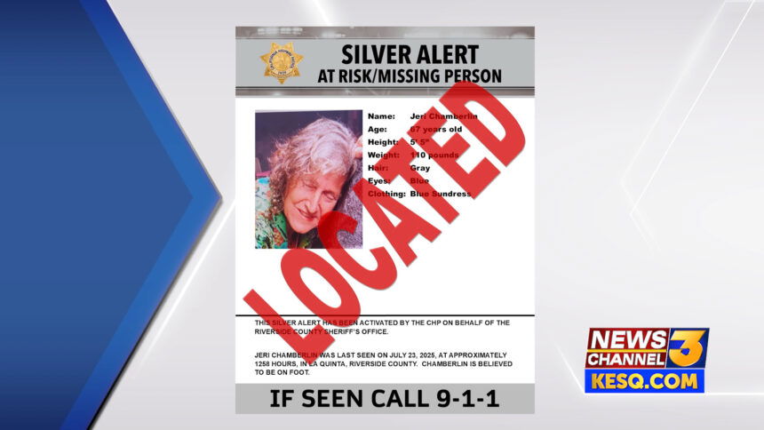 KESQ's tweet card. UPDATE 7/24/2025 - The California Highway Patrol reports that Jeri Chamberlin, the subject of the Silver Alert issued on Wednesday, has been located. INDIO, Calif. (KESQ) - The California Highway...
