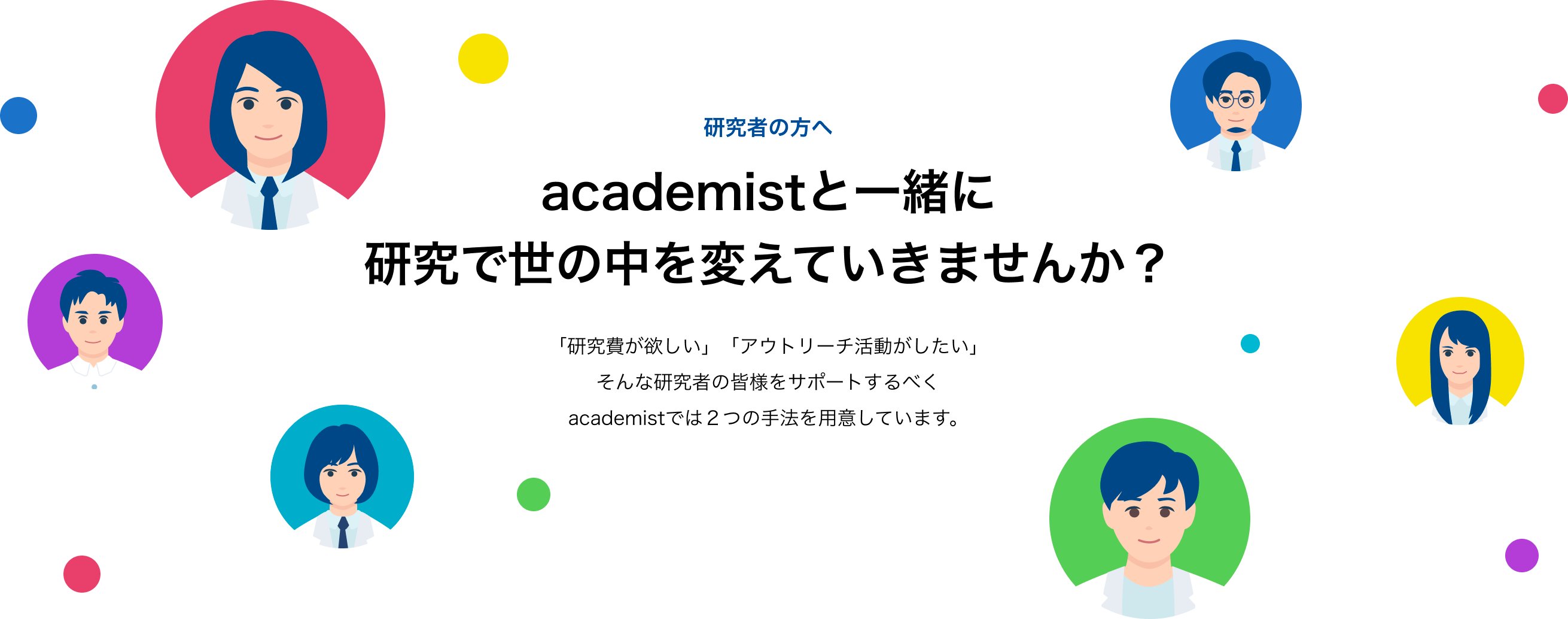 academist_cf's tweet card. 研究者の方へacademistと一緒に研究で世の中を変えていきませんか？「研究費が欲しい」「アウトリーチ活動がしたい」そんな研究者の皆様をサポートするべくacademistでは２つの手法を用意しています。