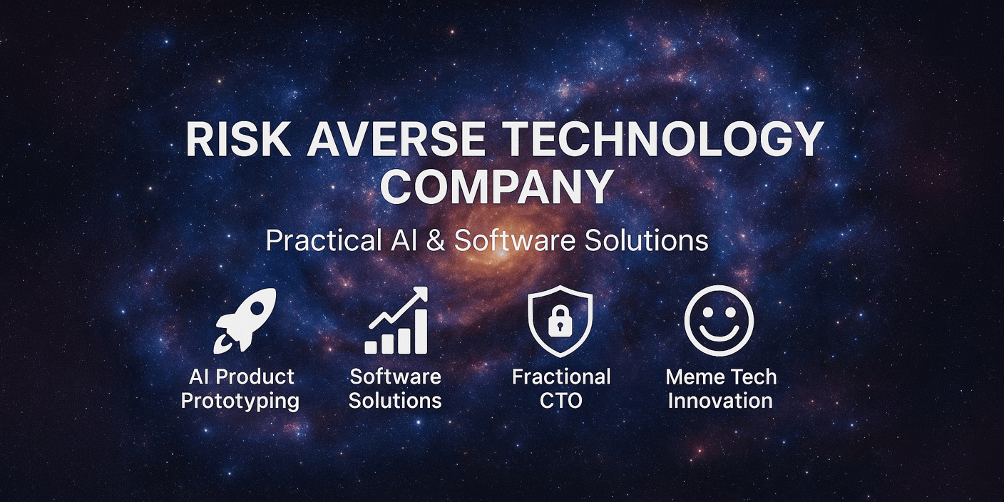 RiskAverseTech's tweet card. Meme technology and content startup - AI developers, technical consultants, and blockchain innovators.