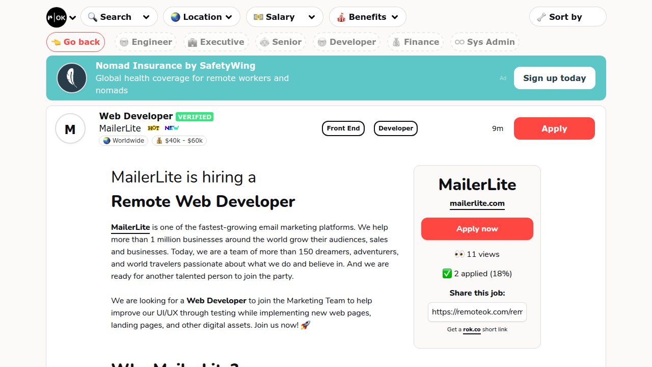 RemoteOK's tweet card. MailerLite is hiring a Remote Web Developer (💰~$50k). MailerLite is one of the fastest-growing email marketing platforms. We help more than 1 million businesses around the world grow their audienc...