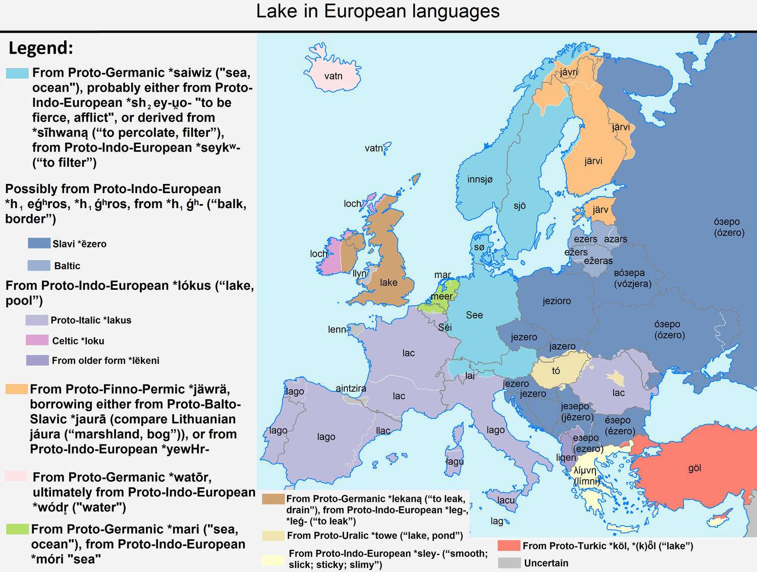 onlmaps's tweet card. The word "lake" in European languages