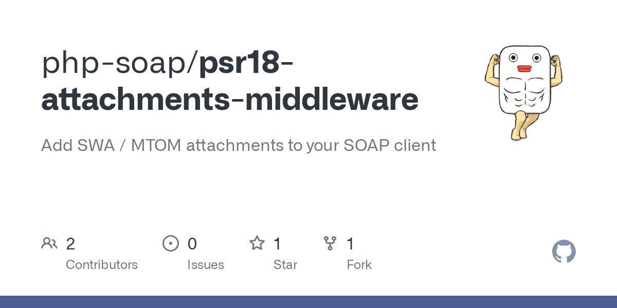 toonverwerft's tweet card. Add SWA / MTOM attachments to your SOAP client. Contribute to php-soap/psr18-attachments-middleware development by creating an account on GitHub.