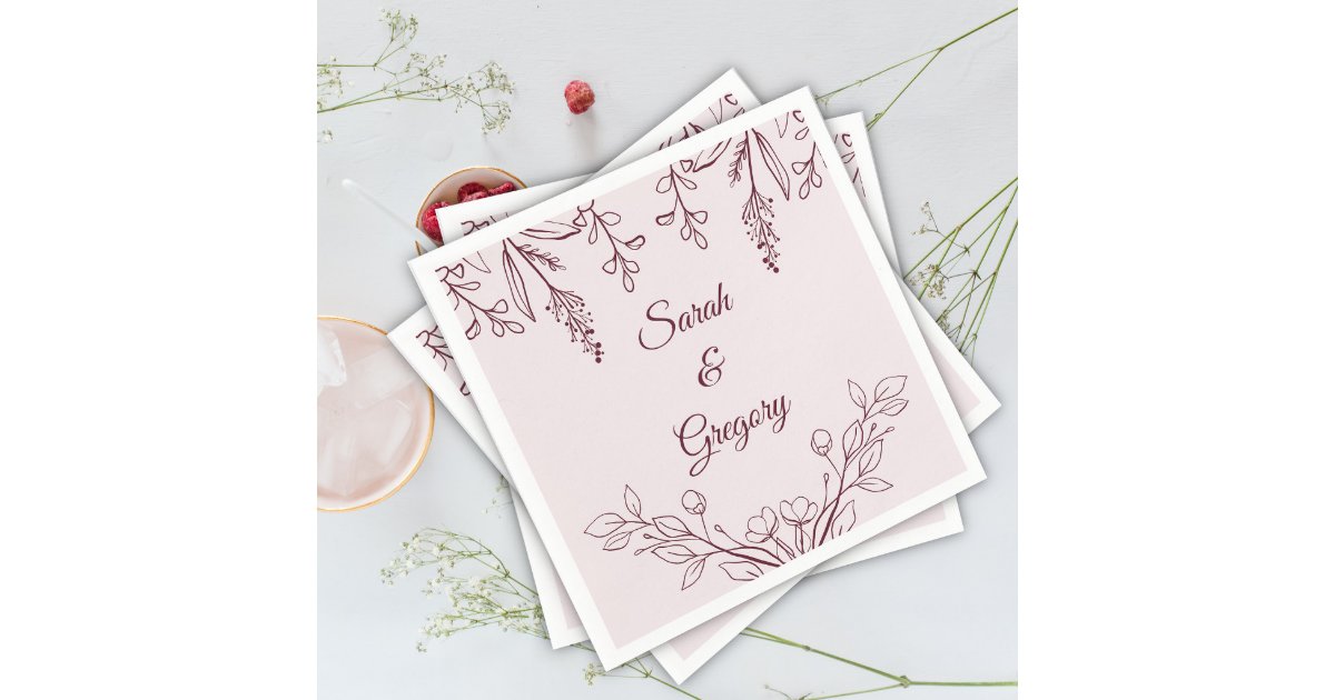 i_laurentina's tweet card. These floral wedding napkins are perfect for a simple, classic or rustic wedding reception. The floral design with bohemian accents features delicate foliage on the top and bottom framing your names....