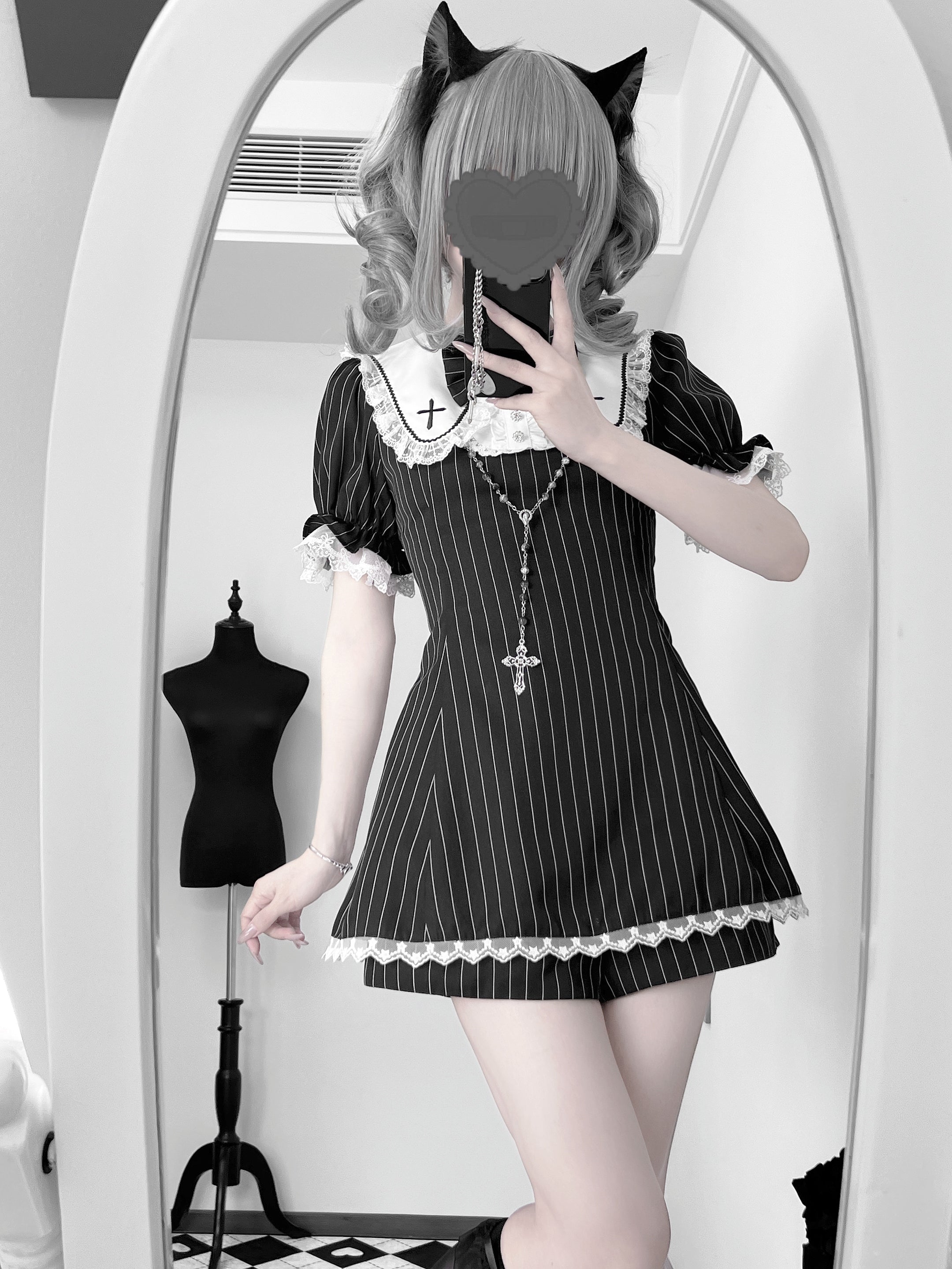 honeywardrobe07's tweet card. Elevate your Jirai Kei look with this striped dress featuring a sailor collar with lace ruffles, detachable bow tie, cinched cuffs, and waist-slimming design. Includes a zip-up back, adjustable ties,...