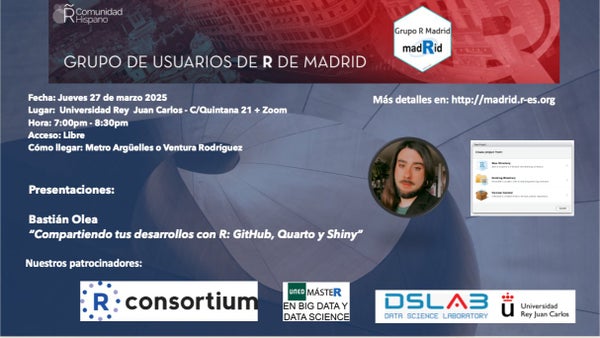 coforfe's tweet card. Bastián nos contará detalles sobre formas de compartir los proyectos que desarrollamos en R, para incentivar a que la gente comparta sus productos: * crear repositorios en