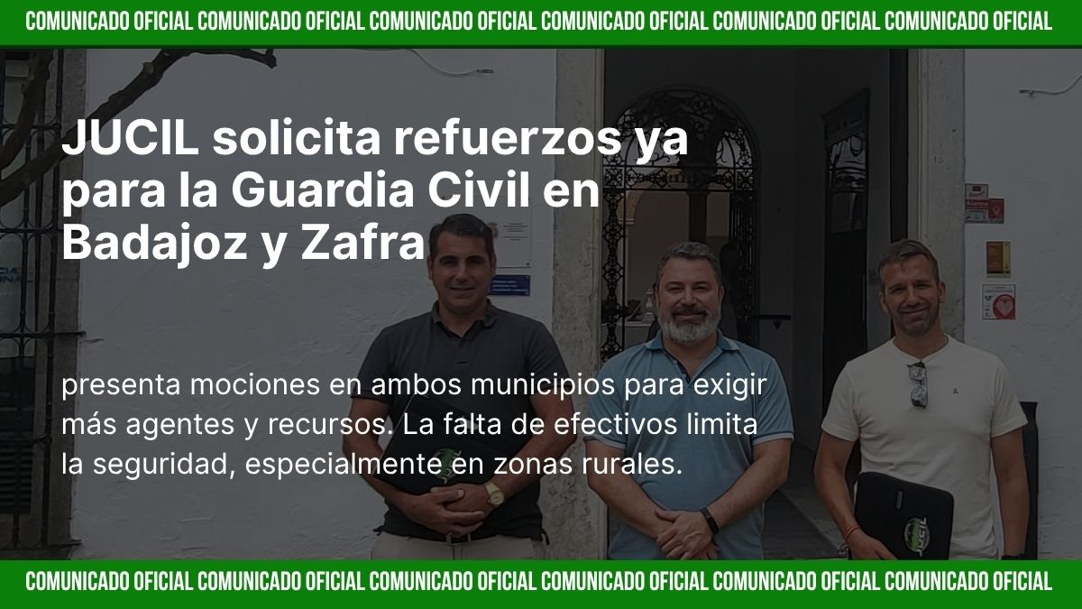 JucilInforma's tweet card. JUCIL denuncia la grave escasez de personal en los puestos de la Guardia Civil en Badajoz y Zafra. La asociación exige al Ministerio del Interior soluciones urgentes para garantizar la seguridad...